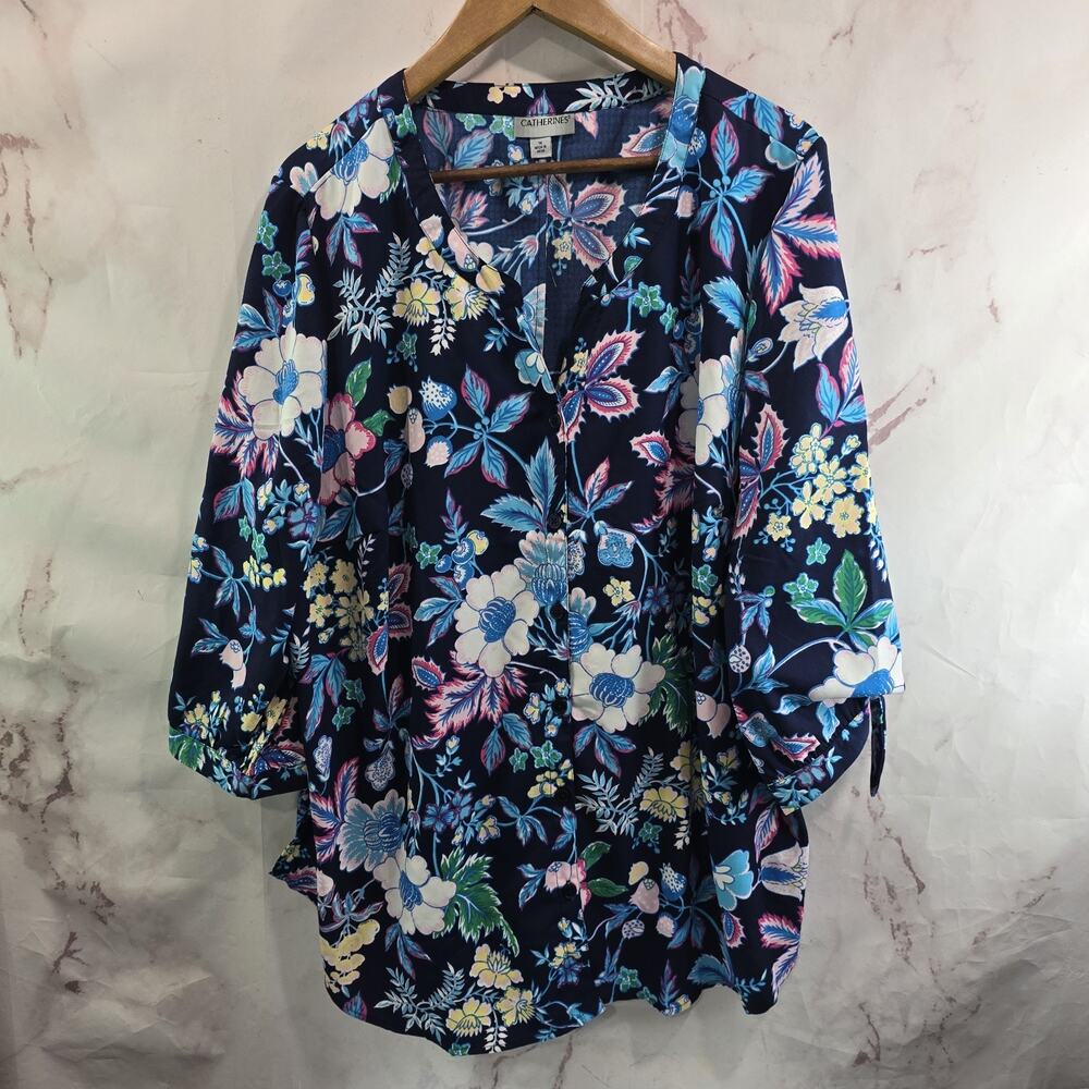 Catherines Shirt Womens 1X 18 20 Blue Floral Blouse Popover Notch V Navy Pink